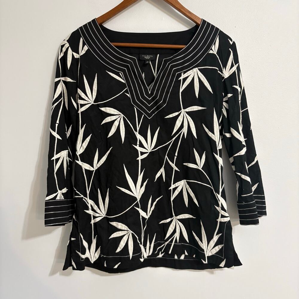 Talbots Women's Palm Floral Embrodiered 10P 3/4 Sleeve Blouse